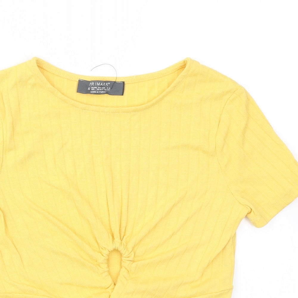 Primark Womens Yellow  Polyester Cropped T-Shirt Size S Crew Neck