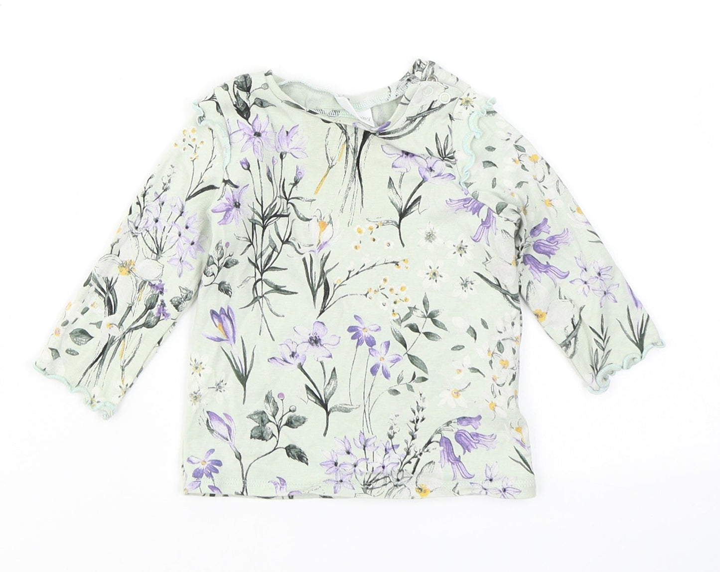 NEXT Girls Blue Floral Cotton Basic T-Shirt Size 3-6 Months Crew Neck Snap - Lettuce Edging