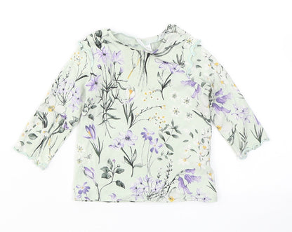 NEXT Girls Blue Floral Cotton Basic T-Shirt Size 3-6 Months Crew Neck Snap - Lettuce Edging