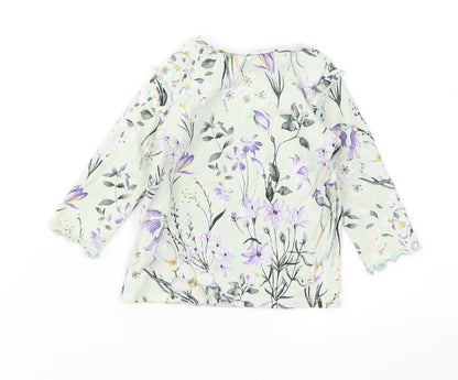 NEXT Girls Blue Floral Cotton Basic T-Shirt Size 3-6 Months Crew Neck Snap - Lettuce Edging