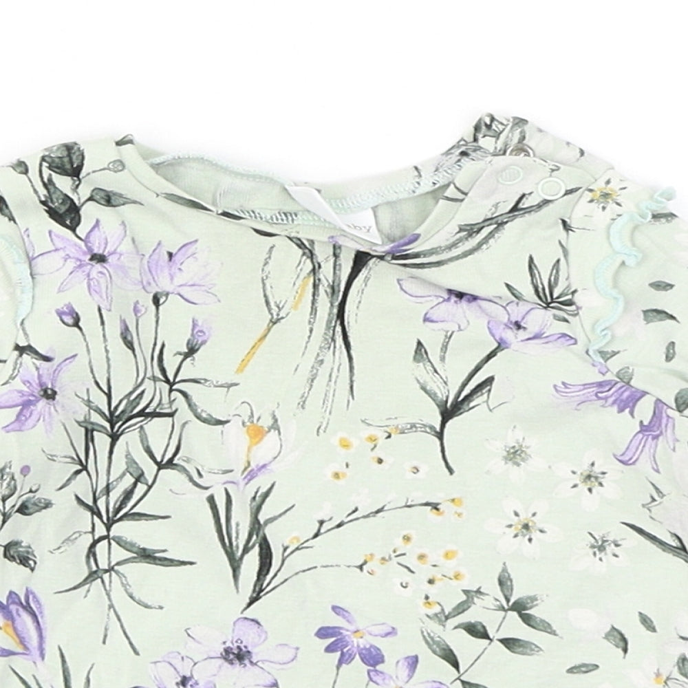 NEXT Girls Blue Floral Cotton Basic T-Shirt Size 3-6 Months Crew Neck Snap - Lettuce Edging