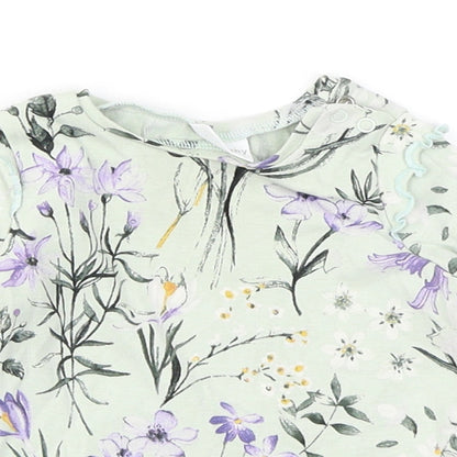 NEXT Girls Blue Floral Cotton Basic T-Shirt Size 3-6 Months Crew Neck Snap - Lettuce Edging