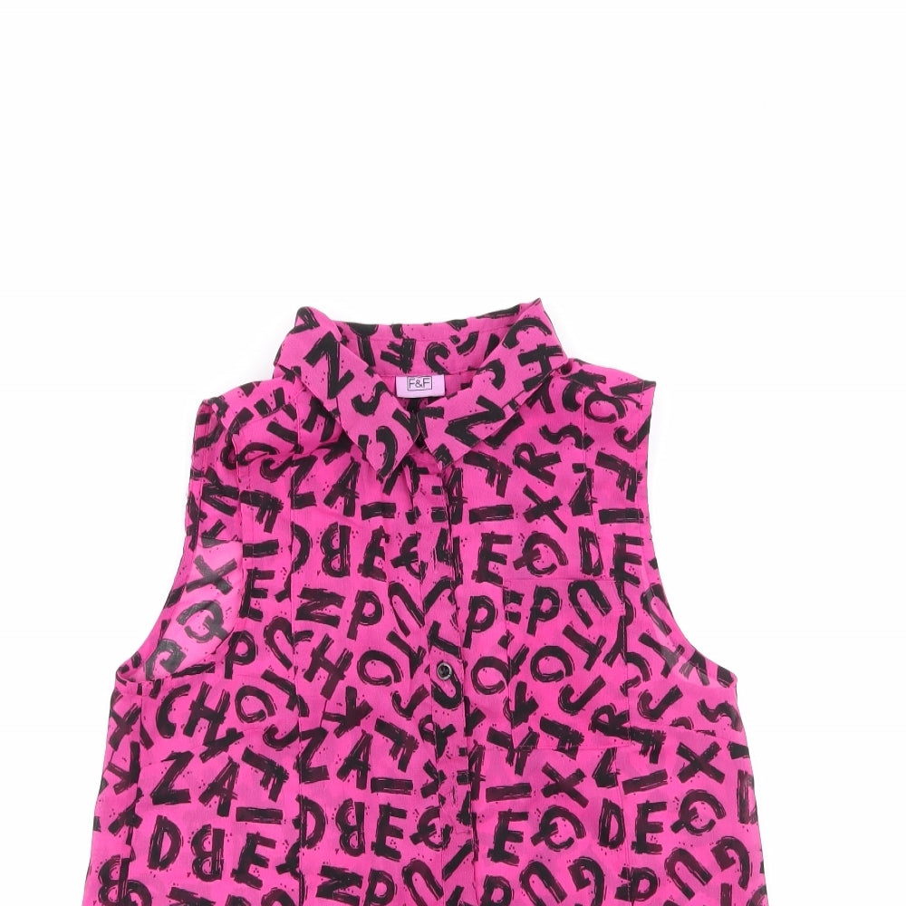 Close-up detail of F&F girls’ multicoloured animal print 100% polyester basic button-up, size 12-13, years collared