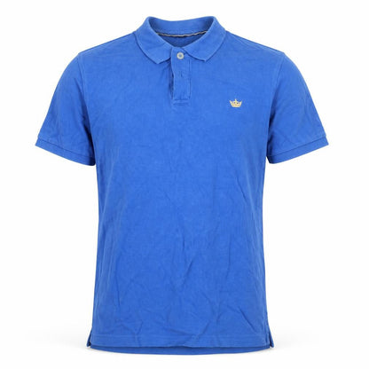 Front view of industrialize men’s blue 100% cotton polo, size XS, collared