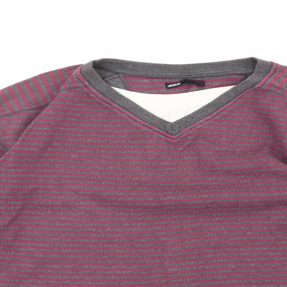 Close-up detail of ethelaustin men’s multicoloured round neck striped polyester jumper, size M