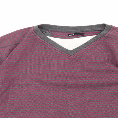 Close-up detail of ethelaustin men’s multicoloured round neck striped polyester jumper, size M
