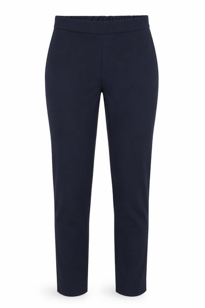 Front view of Preworn women’s blue cotton trousers, size S, 26-inch leg regular