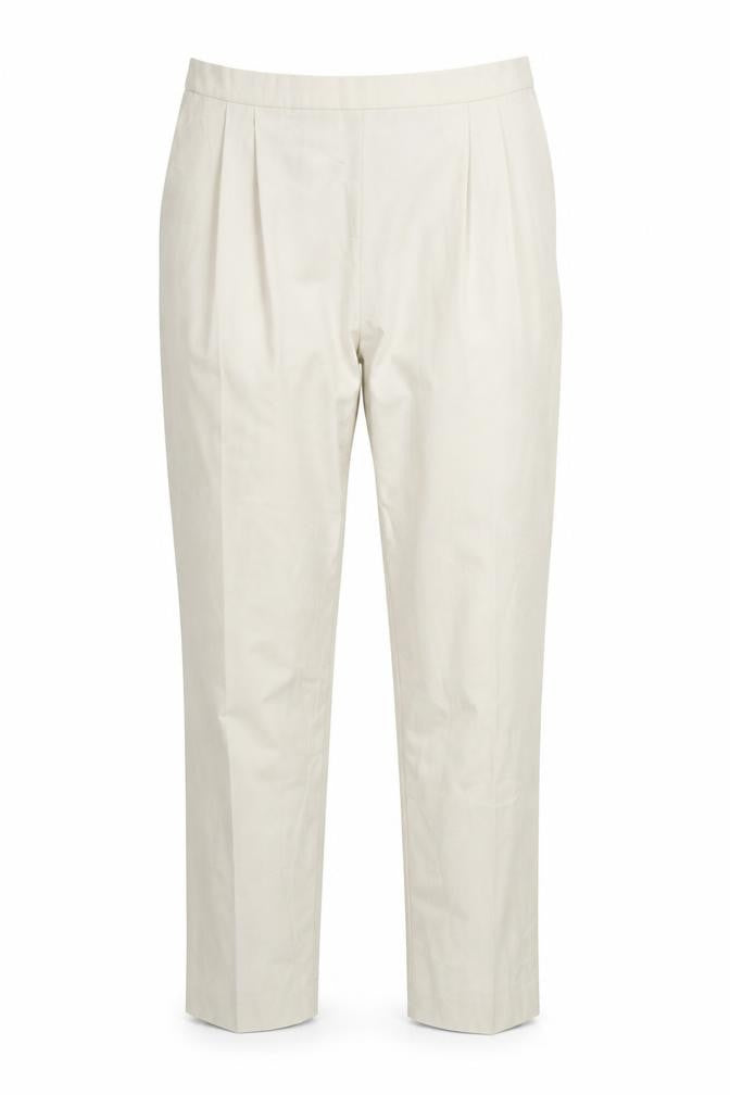 Front view of Elaine miller women’s beige polyester trousers, size UK 32, in, 32-inch leg regular hook & eye