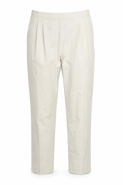 Front view of Elaine miller women’s beige polyester trousers, size UK 32, in, 32-inch leg regular hook & eye
