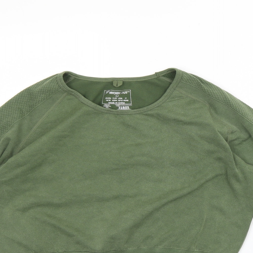 Close-up detail of WorkOut girls’ green polyamide basic t-shirt, size 14, years round neck