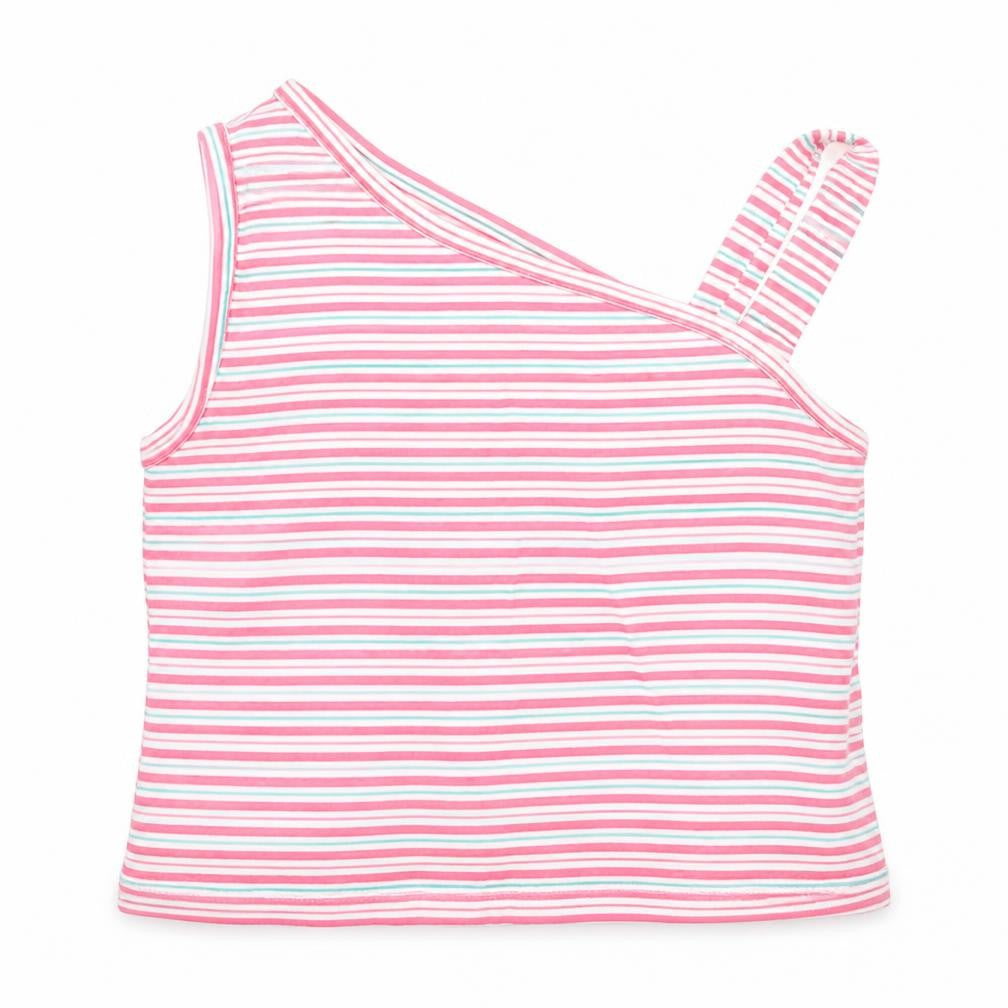Front view of Matalan girls’ pink striped cotton basic t-shirt, size 4, years one shoulder