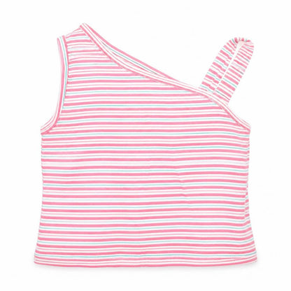 Front view of Matalan girls’ pink striped cotton basic t-shirt, size 4, years one shoulder
