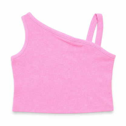 Front view of Matalan girls’ pink cotton basic t-shirt, size 4, years one shoulder
