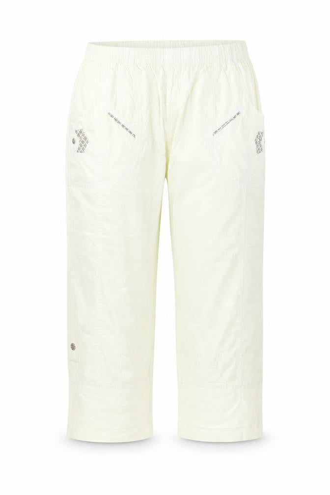 Front view of Preworn women’s yellow cotton cropped trousers, size UK 30, in, 21-inch leg regular