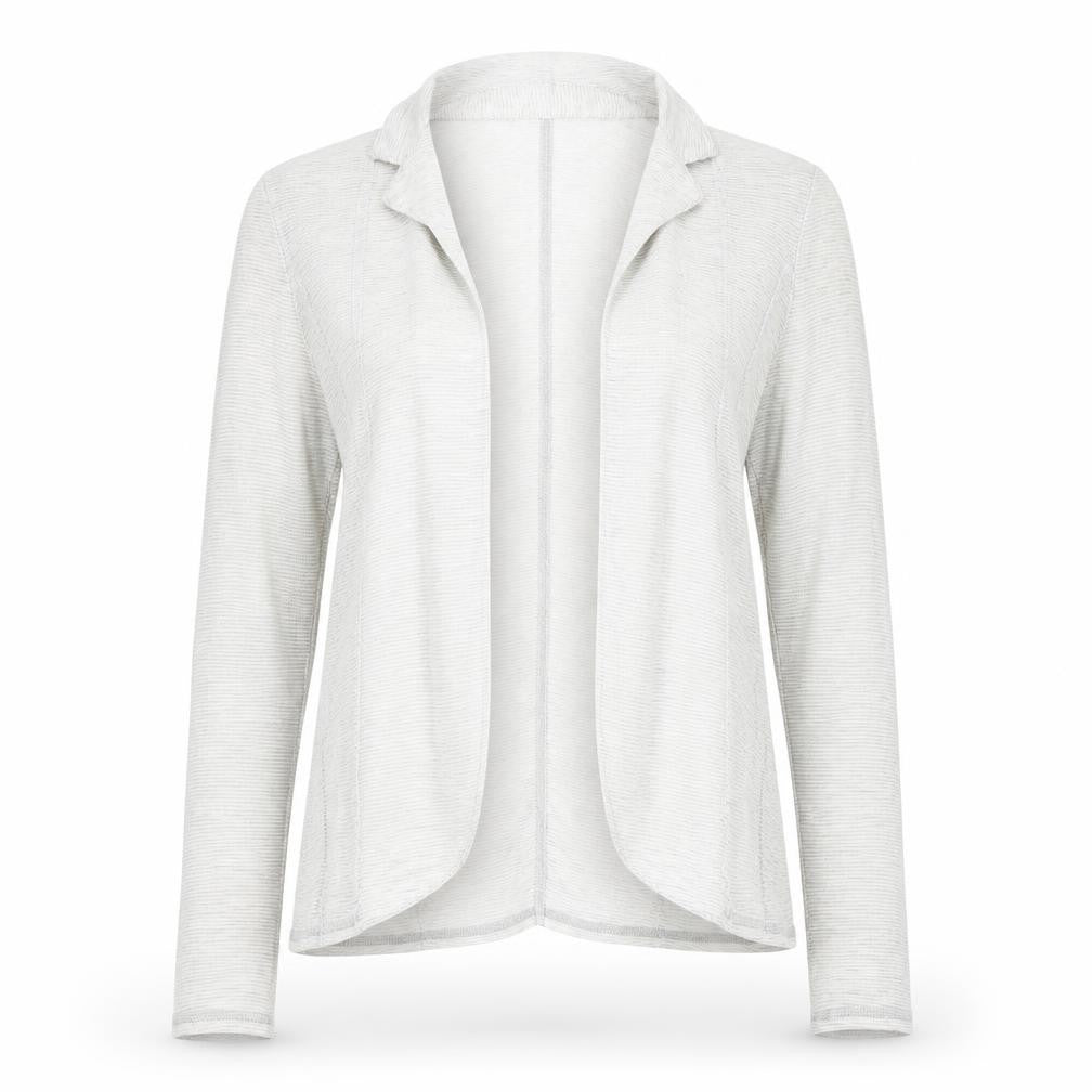 Front view of Marks & Spencer women’s grey collared striped viscose cardigan jumper, size UK 10