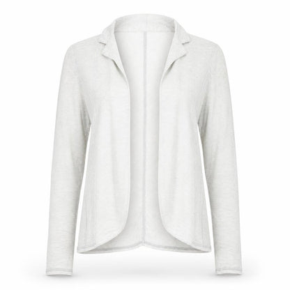 Front view of Marks & Spencer women’s grey collared striped viscose cardigan jumper, size UK 10