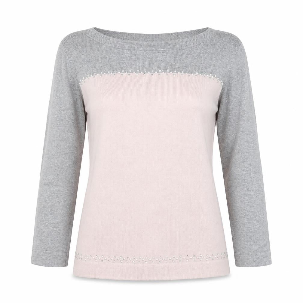 Front view of Next women’s pink boat neck cotton jumper, size UK 10, - rhinestone detail
