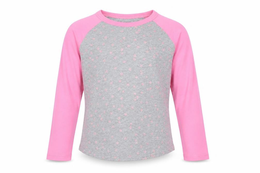 Front view of Crewcuts girls’ grey geometric cotton basic t-shirt, size 8, years round neck - star pattern