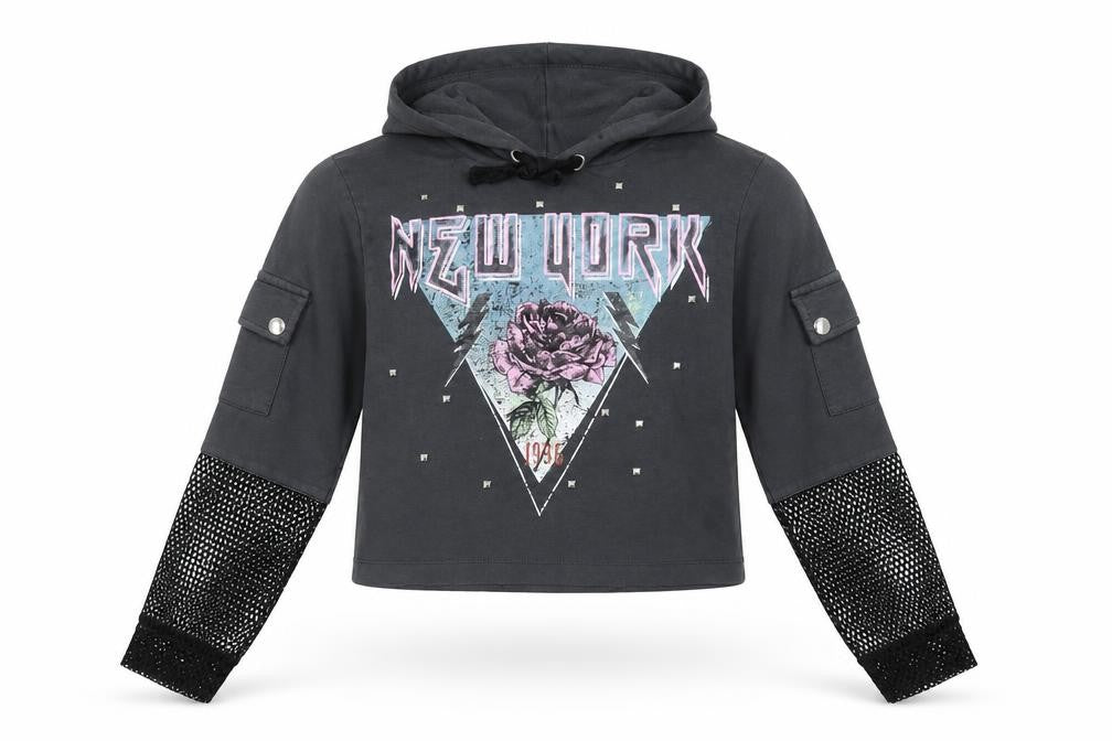 Front view of Select girls’ grey cotton pullover hoodie, size 14, years - new york