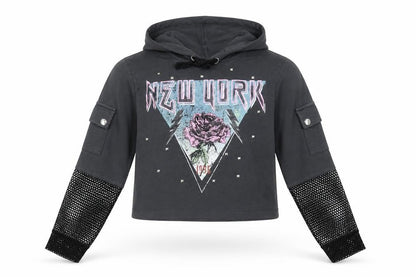 Front view of Select girls’ grey cotton pullover hoodie, size 14, years - new york