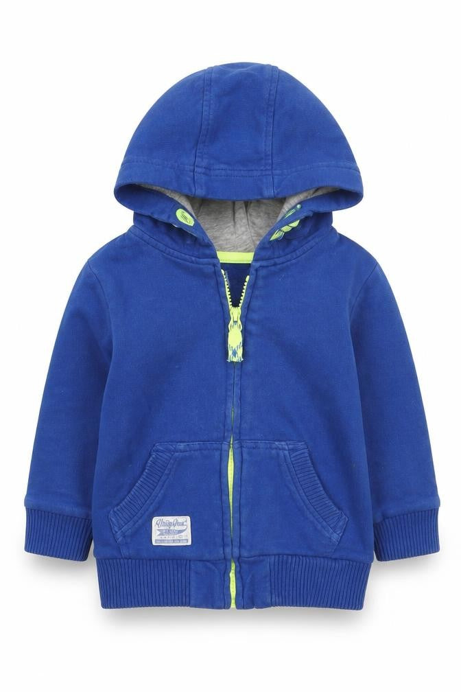 Front view of F&F boys’ blue cotton full zip jumper, size 12-18, months zip