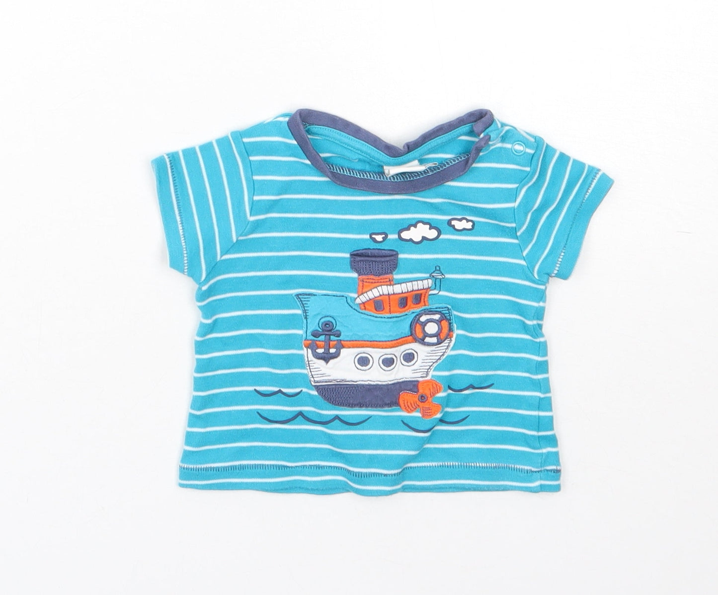 Mini Club Girls Blue Striped Cotton Basic T-Shirt Size 3-6 Months Round Neck  - boat