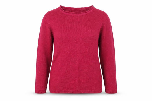 Front view of isle women’s pink round neck acrylic jumper, size L