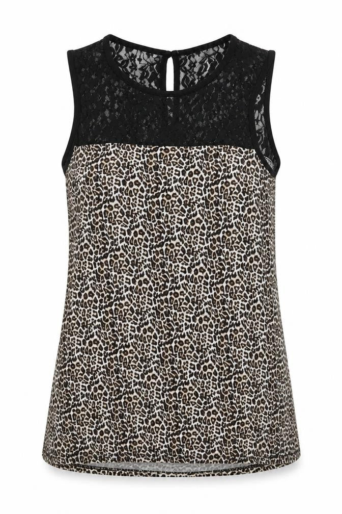 Front view of Preworn women’s brown animal print polyamide basic tank, size UK 12, crew neck - lace detail at top