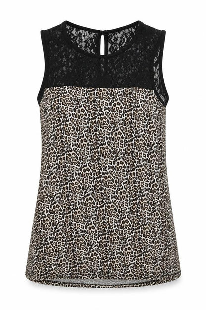 Front view of Preworn women’s brown animal print polyamide basic tank, size UK 12, crew neck - lace detail at top