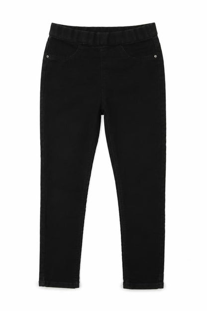 Front view of Matalan girls’ black cotton jegging trousers, size 9, months regular