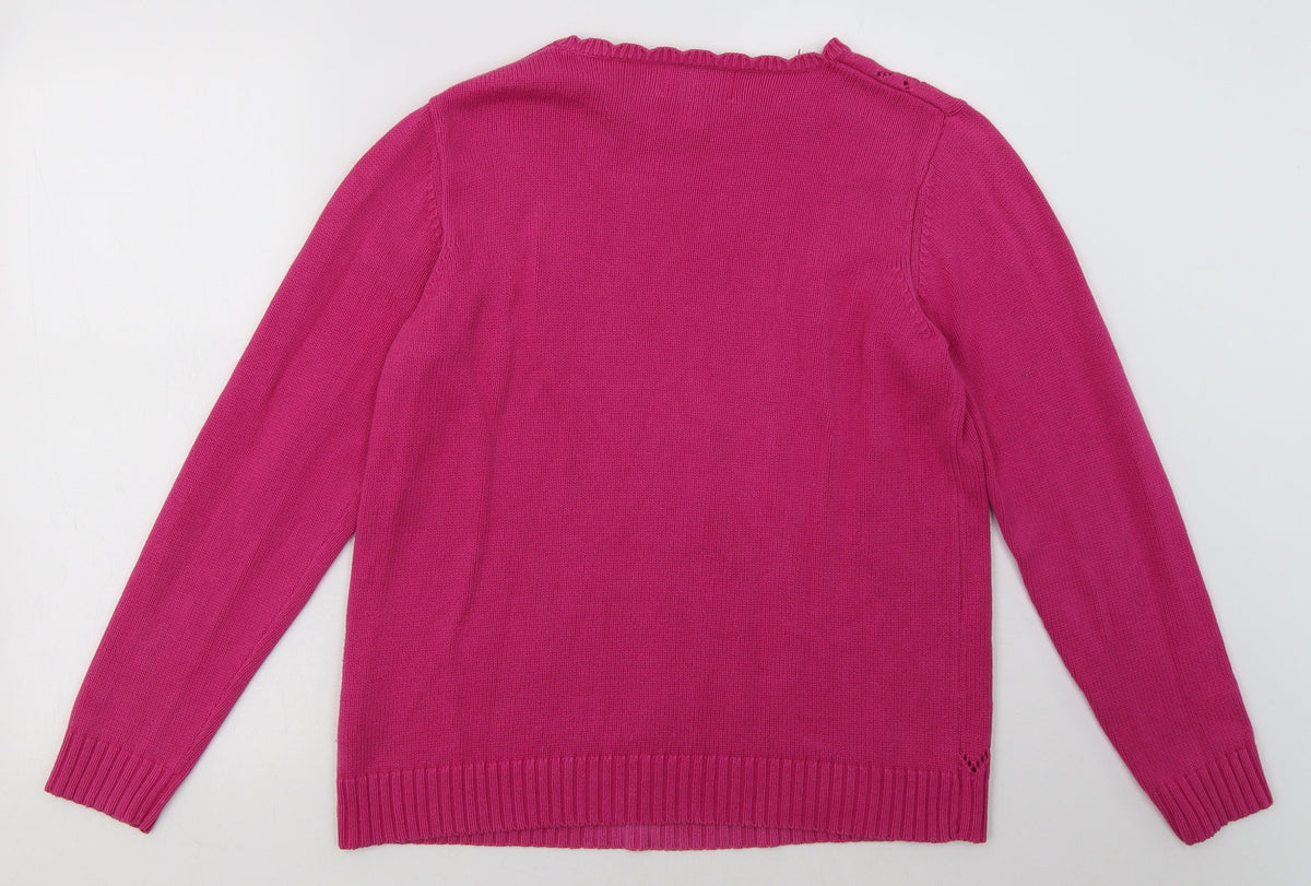 Back view of women’s purple geometric cotton pullover sweatshirt, size M, pullover