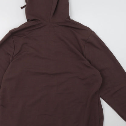 Brand and care label for BM women’s brown polyacrylate fibre pullover hoodie, size M, pullover