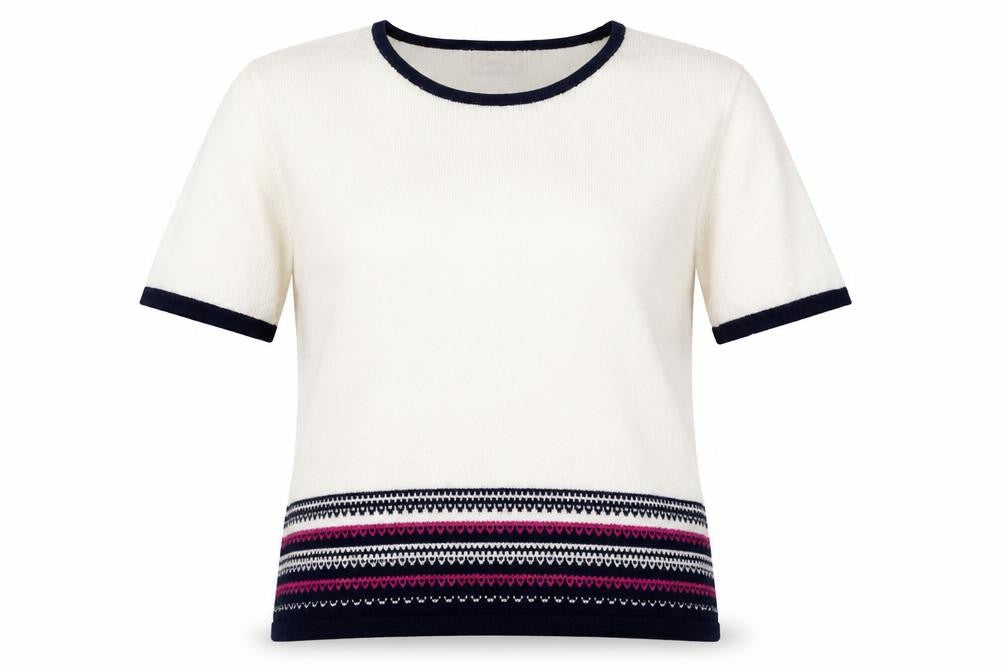 Front view of Eastex women’s white geometric acrylic pullover sweatshirt, size UK 14, pullover