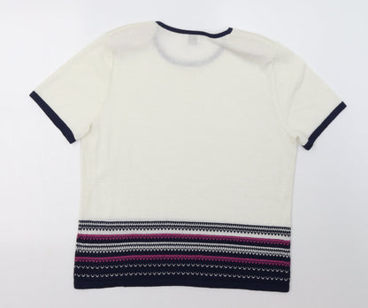 Back view of Eastex women’s white geometric acrylic pullover sweatshirt, size UK 14, pullover