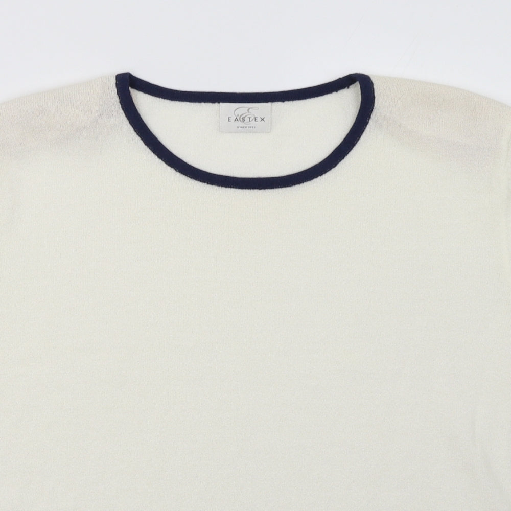 Close-up detail of Eastex women’s white geometric acrylic pullover sweatshirt, size UK 14, pullover
