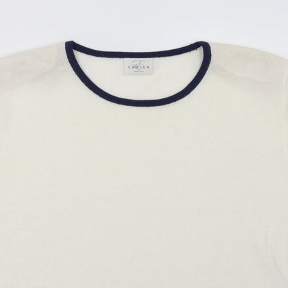 Close-up detail of Eastex women’s white geometric acrylic pullover sweatshirt, size UK 14, pullover