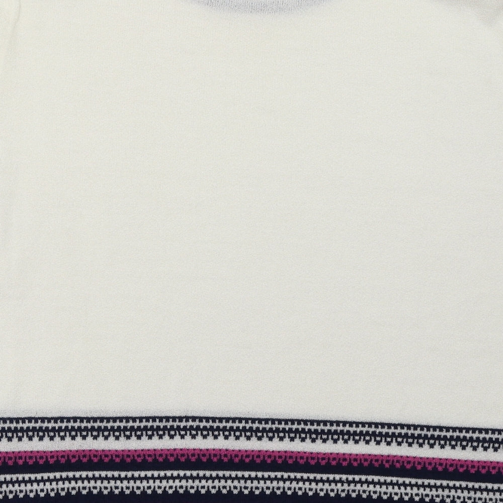 Brand and care label for Eastex women’s white geometric acrylic pullover sweatshirt, size UK 14, pullover