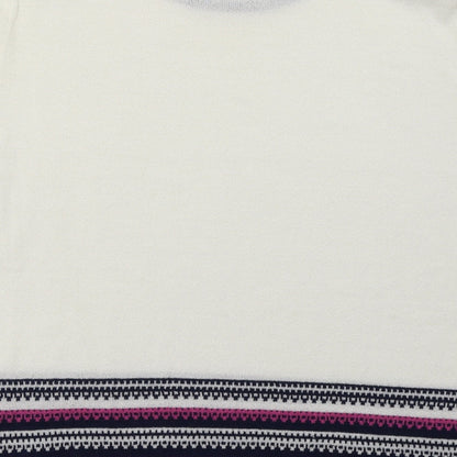 Brand and care label for Eastex women’s white geometric acrylic pullover sweatshirt, size UK 14, pullover