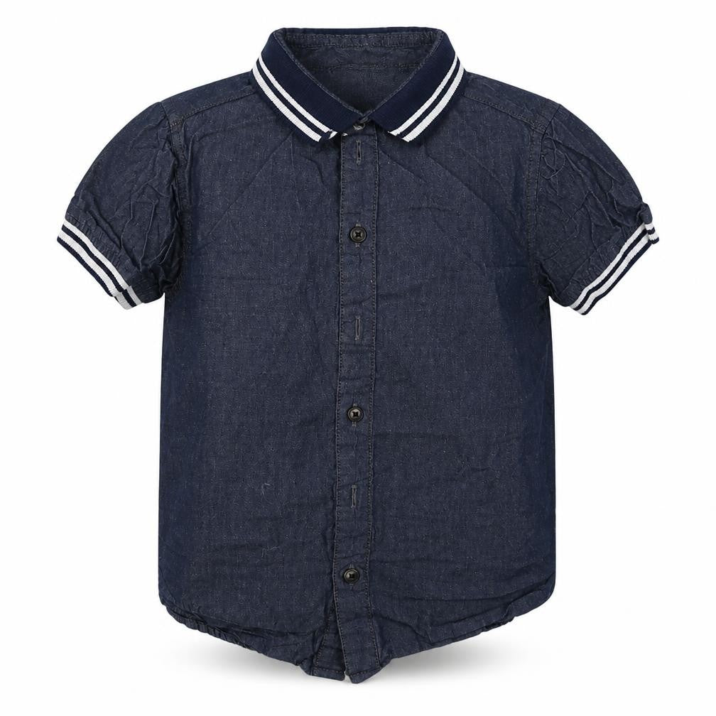 Front view of Peacocks boys’ blue cotton basic button-up, size 7-8, years collared button