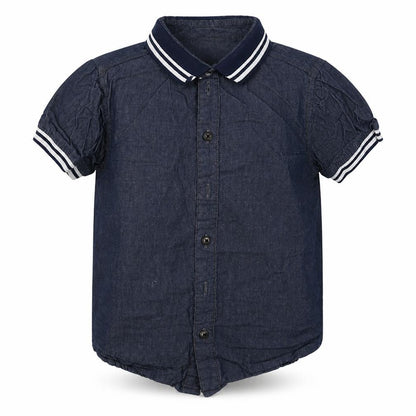 Front view of Peacocks boys’ blue cotton basic button-up, size 7-8, years collared button