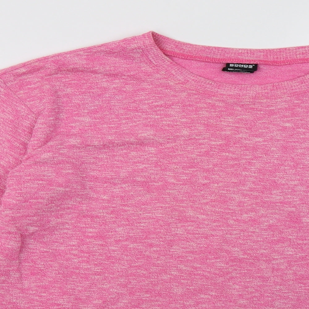 Close-up detail of Bonds women’s pink cotton pullover sweatshirt, size S, pullover