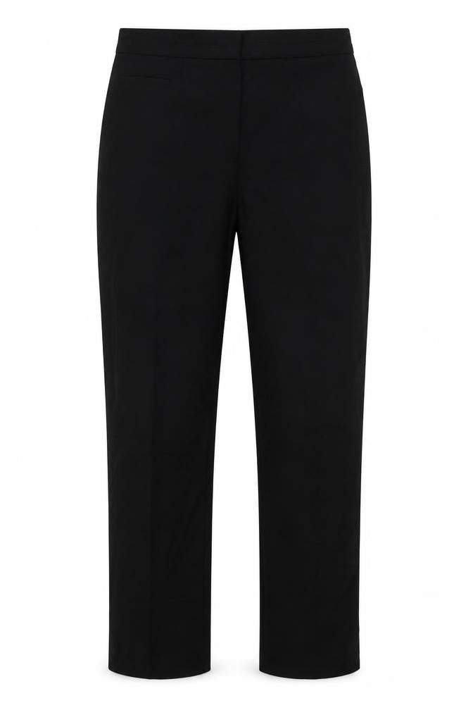 Front view of Marks & Spencer men’s black polyester trousers, size 16, 32-inch leg regular hook & eye