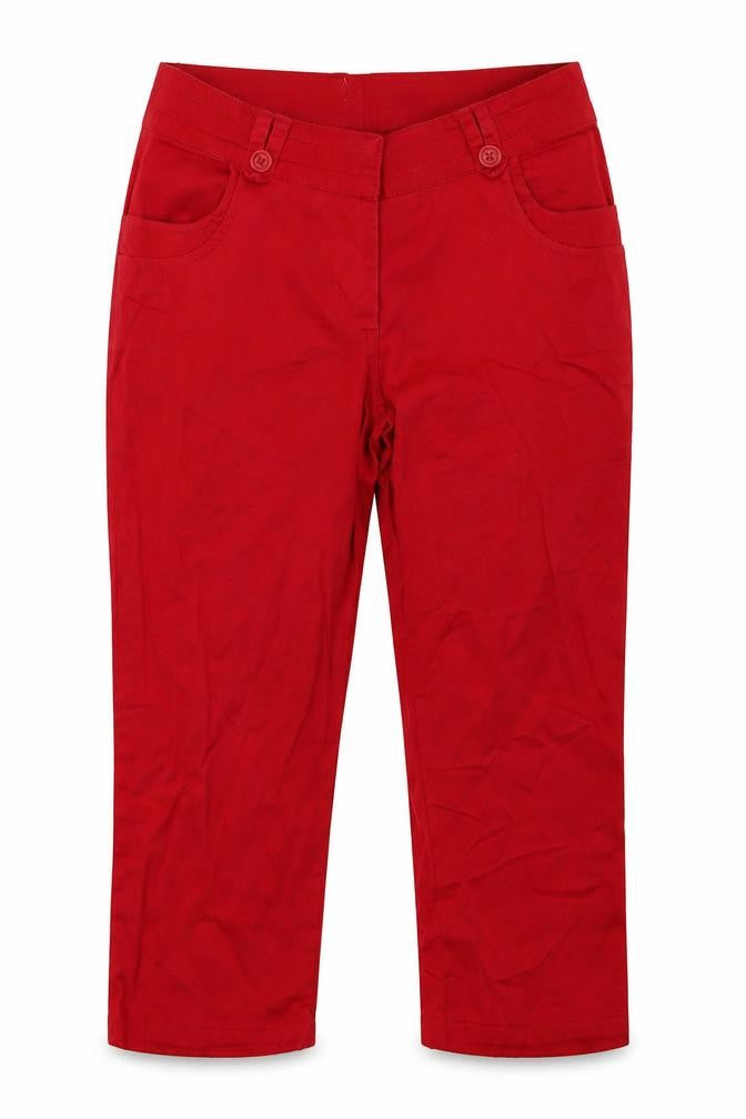 Front view of Encuentro women’s red cotton cropped trousers, size UK 10, regular hook & eye