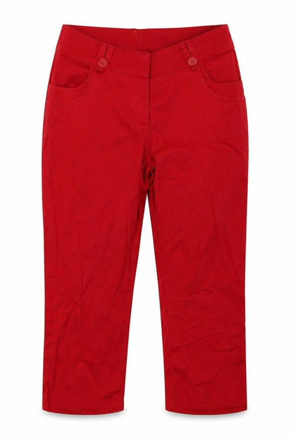 Front view of Encuentro women’s red cotton cropped trousers, size UK 10, regular hook & eye