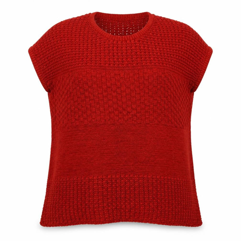 Front view of EWM women’s red acrylic pullover sweatshirt, size L, pullover