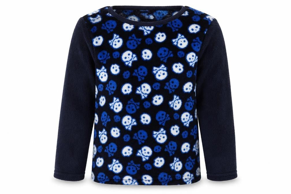 Front view of b&m boys’ blue geometric polyester pyjama top, size 7-8, years pullover - skull print