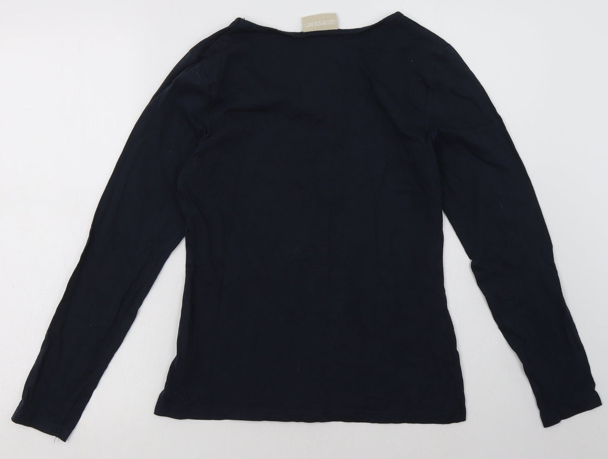 Back view of Avenue women’s blue cotton pullover sweatshirt, size S, pullover