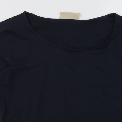 Close-up detail of Avenue women’s blue cotton pullover sweatshirt, size S, pullover