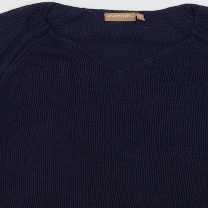 Close-up detail of Avenue women’s blue acrylic pullover sweatshirt, size S, pullover