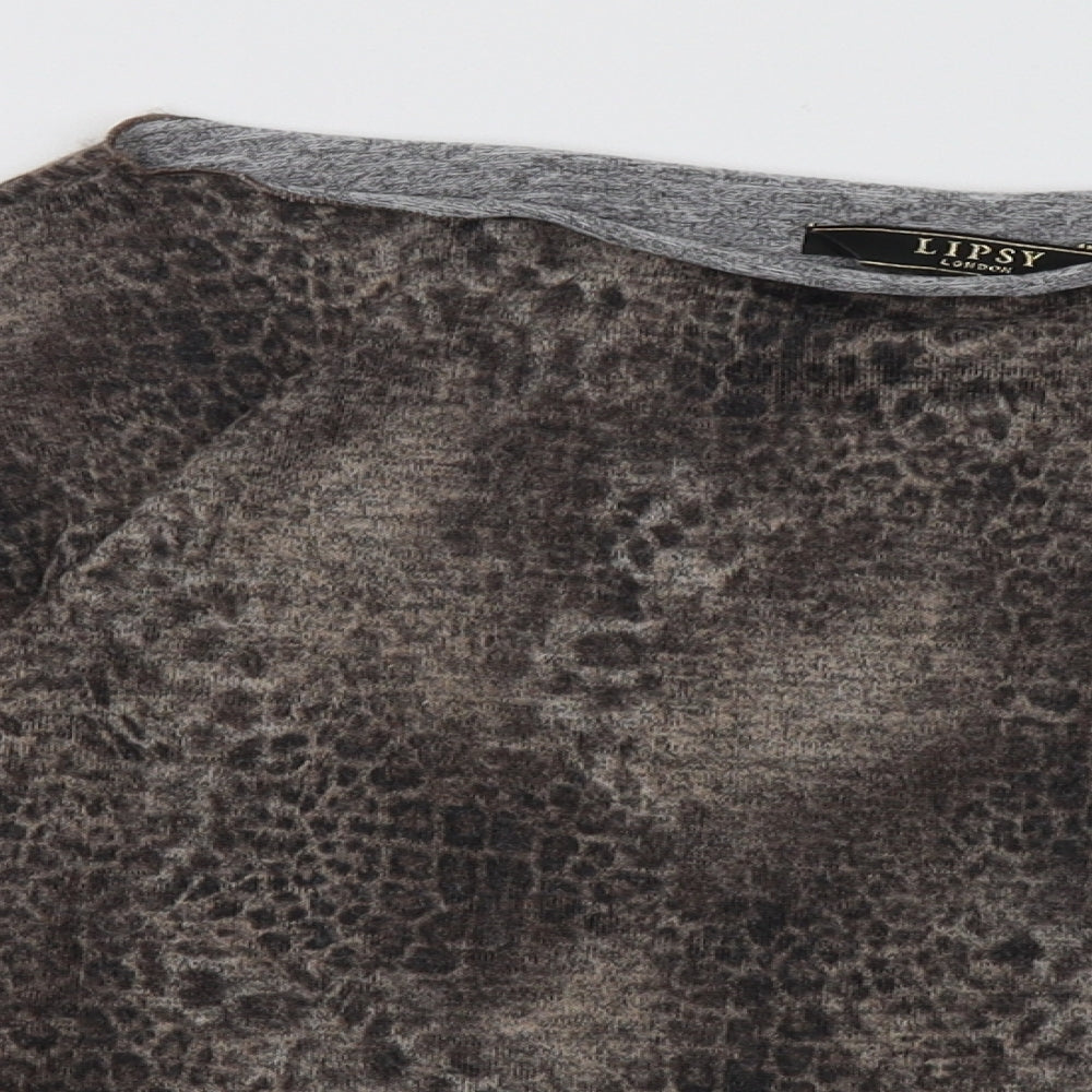 Close-up detail of Lipsy women’s brown animal print polyester pullover sweatshirt, size UK 4, pullover